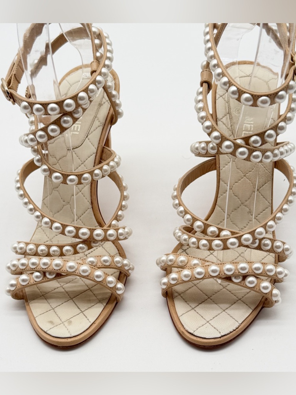 Chanel Beige Quilted Leather Pearl Embellished Ankle Strap Sandals Heels EU 37.5 - Picture 5 of 16